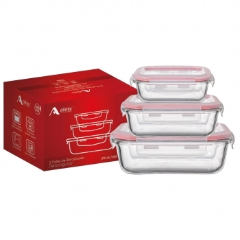 Conjunto com 3 Potes Herméticos Borosilicato Retangular com tampa 370/640/1050ml