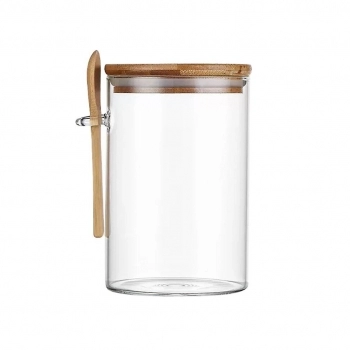 Pote Hermético Borossilicato Redondo 550 ML Com Tampa E Colher Bambu