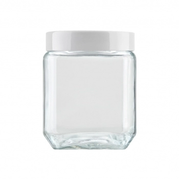 Pote De Vidro Liso Quadrado 1200 ML Com Tampa De Rosca Branca