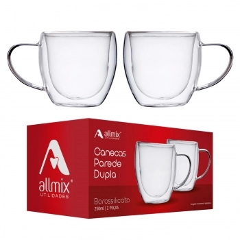 Caneca Borosilicato Parede Dupla Com Alça 250 ML Luva com 2 unid.