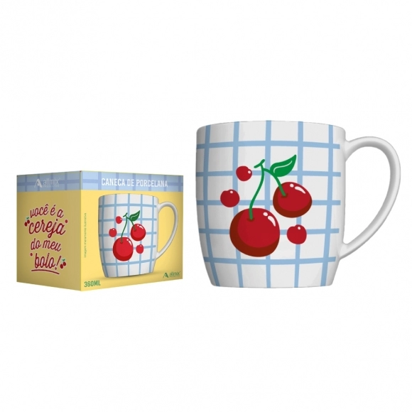 Caneca Porcelana Frutas 360 ML Na Luva - Cereja