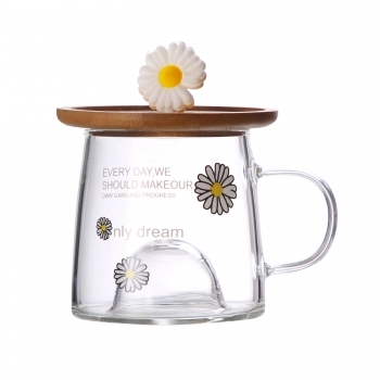 Caneca Borossilicato 3D c/ Pires/Tampa de Bambu 280ml Luva com 1 - Margarida