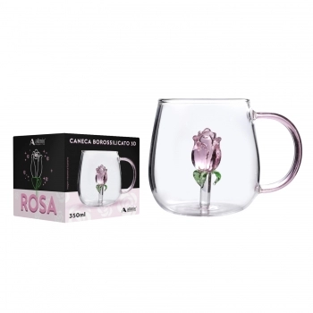 Caneca Borossilicato 420ml Rosa 3D - Luva com 1