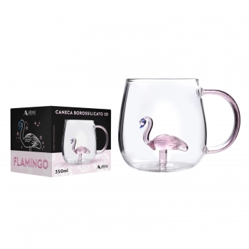 Caneca Borossilicato 420ml Flamingo 3D - Luva Com 1