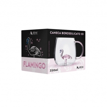 Caneca Borossilicato 350ml Flamingo 3D - Luva Com 1