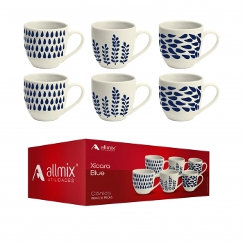 Xícara Ceramica Conica Blue 90 ML Luva Com 6 Sortida