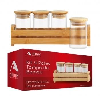 Pote Borossilicato 90ml Redondo Com Tampa Suporte Bambu - 04 Unid.