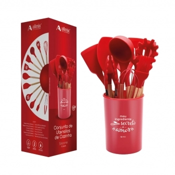 Utensílio Conjunto de Cozinha Silicone 12 Peças Com Suporte - Vermelho
