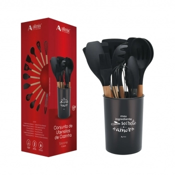 Utensílio Conjunto de Cozinha Silicone 12 Peças Com Suporte - Preto