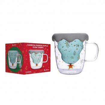 Caneca Borossilicato Natal 250ml Com Tampa - Luva com 01