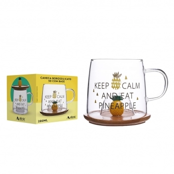 Caneca Borossilicato Abacaxi 3D Com Pires 280ml - Luva com 01