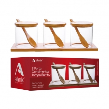 Porta Condimento Borossilicato Redondo 320ml Com Tampa Colher e Suporte De Bambu - Kit com 04
