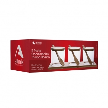 Porta Condimento Borossilicato Redondo 320ml Com Tampa Colher e Suporte De Bambu - Kit com 04