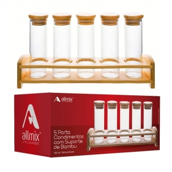 Porta Condimento Borossilicato Redondo 100ml Com Tampa E Suporte Bambu - Kit com 06