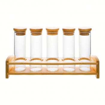 Porta Condimento Borossilicato Redondo 100ml Com Tampa E Suporte Bambu - Kit com 06