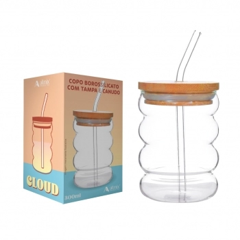 COPO BOROSSILICATO DRINKS 300 ML CLOUD COM TAMPA E CANUDO NA LUVA COM 1