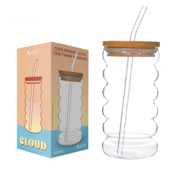 COPO BOROSSILICATO DRINKS 450 ML CLOUD COM TAMPA E CANUDO NA LUVA COM 1