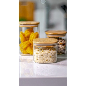 POTE BOROSSILICATO QUADRADO 600 ML COM TAMPA BAMBU