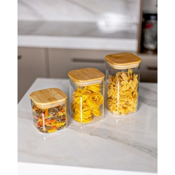 POTE BOROSSILICATO QUADRADO 800 ML COM TAMPA BAMBU