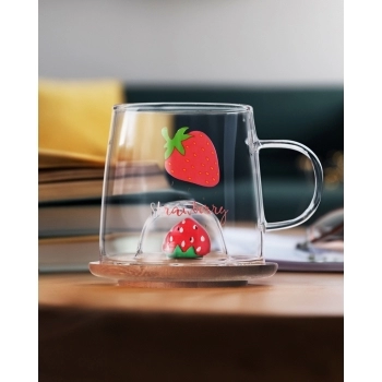 Caneca Borossilicato 3D c/ Pires/Tampa de Bambu 280ml Luva com 1 - Morango