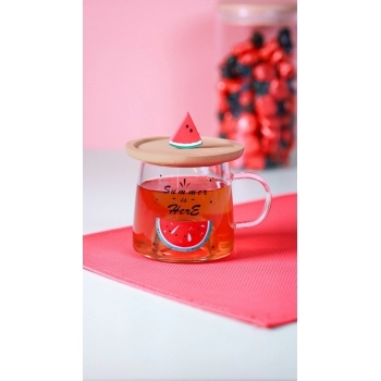 Caneca Borossilicato 3D c/ Pires/Tampa de Bambu 280ml Luva com 1 - Melancia