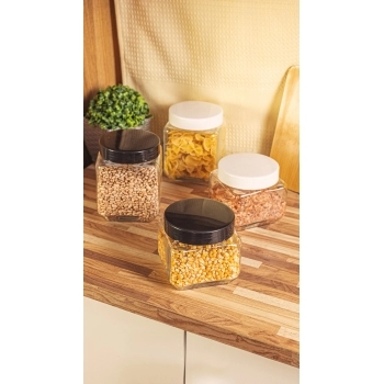 Pote de Vidro Liso Quadrado 800 ML Com Tampa de Rosca Preta