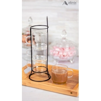 Xicara Borossilicato 220ml Empilhavel Suporte Metal 04 Unid.