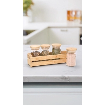 Pote Borossilicato 90ml Redondo Com Tampa Suporte Bambu - 04 Unid.