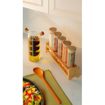 Porta Condimento Borossilicato Redondo 100ml Com Tampa E Suporte Bambu - Kit com 06
