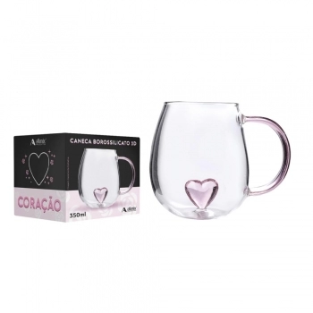 Caneca Borossilicato 350ml Coração 3D - Luva Com 1