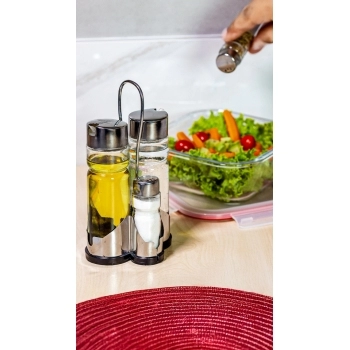 Kit Galheteiro Vidro 170 ML Sal e Pimenta 40 ML Com Suporte Na Luva com 4 Peças