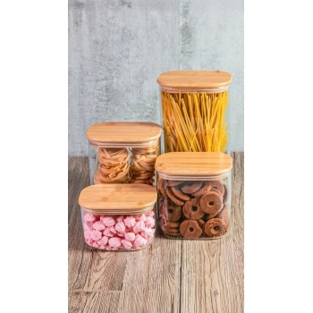 POTE BOROSSILICATO RETANGULAR 3000 ML COM TAMPA BAMBU