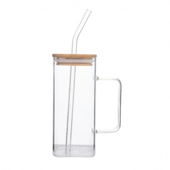 Caneca Borossilicato Quadrada com Tampa de Bambu e Canudo de Vidro 380ML Luva com 1