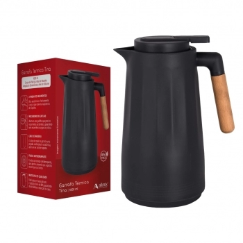 Garrafa Termica Tina 1000ml Com Cabo De Madeira - Preta