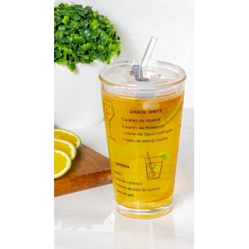Copo de Vidro com Tampa de plástico e Canudo de Vidro 450 ML Luva com 1