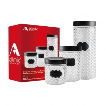 Conjunto com 3 Potes de Vidro Redondo com Tampa Metal 800/1200/2200 ml na Luva
