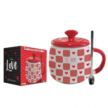 Caneca com Tampa Cerâmica Colher de Metal Love 450 ml Luva com 1 – Te Amo