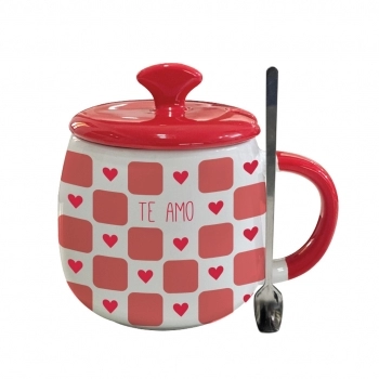 Caneca com Tampa Cerâmica Colher de Metal Love 450 ml Luva com 1 – Te Amo