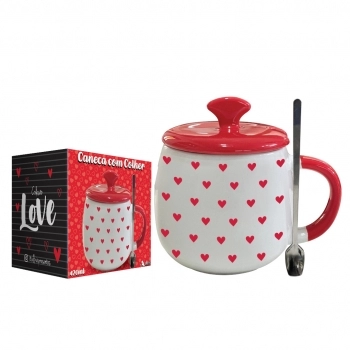 Caneca com Tampa Cerâmica Colher de Metal Love 450 ml Luva com 1 – Corações