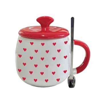 Caneca com Tampa Cerâmica Colher de Metal Love 450 ml Luva com 1 – Corações