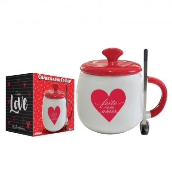 Caneca com Tampa Cerâmica Colher de Metal Love 450 ml Luva com 1 – Feito com Amor