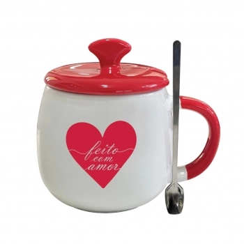 Caneca com Tampa Cerâmica Colher de Metal Love 450 ml Luva com 1 – Feito com Amor
