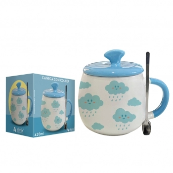 Caneca com Tampa Cerâmica Colher de Metal Fofo 450 ml Luva com 1 – Nuvem