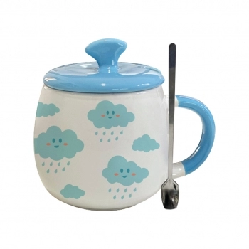 Caneca com Tampa Cerâmica Colher de Metal Fofo 450 ml Luva com 1 – Nuvem