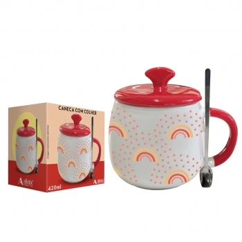 Caneca com Tampa Cerâmica Colher de Metal Fofo 450ml Luva com 1 – Arco-Íris