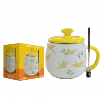 Caneca com Tampa Cerâmica Colher de Metal Fofo 450 ml Luva com 1 – Pássaros