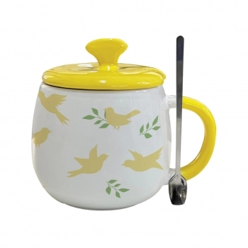 Caneca com Tampa Cerâmica Colher de Metal Fofo 450 ml Luva com 1 – Pássaros