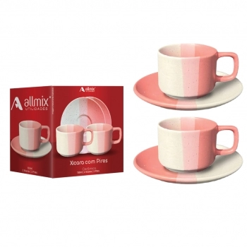 Xícara Cerâmica com Pires Ternura 130 ml Luva C 02 - Rosa