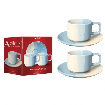 Xícara de Cerâmica com Pires Ternura 130 ml Luva com 02 - Azul