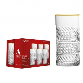 Copo Long Drink de Vidro Filete Dourado Bolonha 390ml